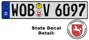 GERMAN LICENSE PLATE WOLFSBURG (HOME OF VOLKSWAGEN) ISSUED FROM JANUARY 1994 WITH FREE STATE AND DATE DECALS --