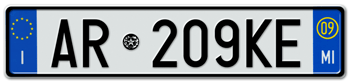 ITALY - PROVINCE OF MILAN (MI) EURO (EEC) REAR LICENSE  PLATE  WITH REGISTRATION DATE 09. PERFECT FOR YOUR FIAT, LAMBORGHINI, BUGATTI, OR ALFA ROMEO --