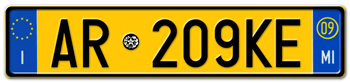 ITALY - PROVINCE OF MILAN (MI) EURO (EEC) REAR LICENSE  PLATE  WITH REGISTRATION DATE 09. PERFECT FOR YOUR FIAT, LAMBORGHINI, BUGATTI, OR ALFA ROMEO
