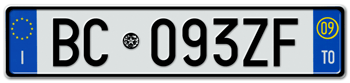 ITALY - PROVINCE OF TORINO (TO) EURO (EEC) REAR LICENSE  PLATE  WITH REGISTRATION DATE 09. PERFECT FOR YOUR FIAT, LAMBORGHINI, BUGATTI, OR ALFA ROMEO --