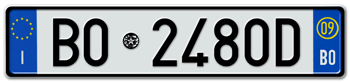 ITALY - PROVINCE OF BOLOGNA (BO) EURO (EEC) REAR LICENSE  PLATE  WITH REGISTRATION DATE 09. PERFECT FOR YOUR FIAT, LAMBORGHINI, BUGATTI, OR ALFA ROMEO --