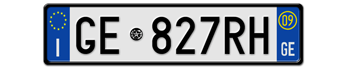 ITALY FRONT LICENSE PLATE - PROVINCE OF GENOA (GE) EURO (EEC) WITH REGISTRATION DATE 09 -   PERFECT FOR YOUR FIAT, LAMBORGHINI, BUGATTI, OR ALFA ROMEO --