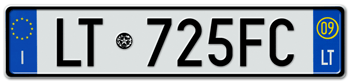 ITALY - PROVINCE OF LATINA (LT) EURO (EEC) REAR LICENSE  PLATE  WITH REGISTRATION DATE 09. PERFECT FOR YOUR FIAT, LAMBORGHINI, BUGATTI, OR ALFA ROMEO --