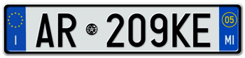 ITALY - PROVINCE OF MILAN (MI) EURO (EEC) REAR LICENSE  PLATE  WITH REGISTRATION DATE 05. PERFECT FOR YOUR FIAT, LAMBORGHINI, BUGATTI, OR ALFA ROMEO --