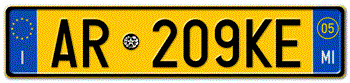 ITALY - PROVINCE OF MILAN (MI) EURO (EEC) REAR LICENSE  PLATE  WITH REGISTRATION DATE 05. PERFECT FOR YOUR FIAT, LAMBORGHINI, BUGATTI, OR ALFA ROMEO