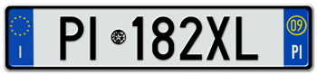 ITALY - PROVINCE OF PISA (PI) EURO (EEC) REAR LICENSE  PLATE  WITH REGISTRATION DATE 09. PERFECT FOR YOUR FIAT, LAMBORGHINI, BUGATTI, OR ALFA ROMEO --