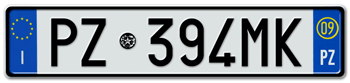 ITALY - PROVINCE OF POTENZA (PZ) EURO (EEC) REAR LICENSE  PLATE  WITH REGISTRATION DATE 09. PERFECT FOR YOUR FIAT, LAMBORGHINI, BUGATTI, OR ALFA ROMEO --