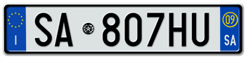 ITALY - PROVINCE OF SALERNO (SA) EURO (EEC) REAR LICENSE  PLATE  WITH REGISTRATION DATE 09. PERFECT FOR YOUR FIAT, LAMBORGHINI, BUGATTI, OR ALFA ROMEO --