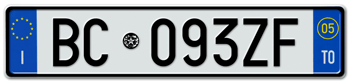 ITALY - PROVINCE OF TORINO (TO) EURO (EEC) REAR LICENSE  PLATE  WITH REGISTRATION DATE 05. PERFECT FOR YOUR FIAT, LAMBORGHINI, BUGATTI, OR ALFA ROMEO --