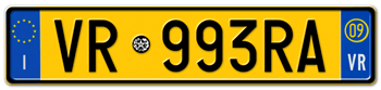 ITALY - PROVINCE OF VERONA (VR) EURO (EEC) REAR LICENSE  PLATE  WITH REGISTRATION DATE 09. PERFECT FOR YOUR FIAT, LAMBORGHINI, BUGATTI, OR ALFA ROMEO