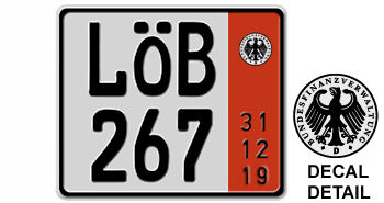 GERMAN TEMPORARY 2019 (ZOLL) SQUARE LICENSE PLATE ISSUED FROM 1989 TO PRESENT -