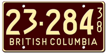 1938 BRITISH COLUMBIA LICENSE PLATE -