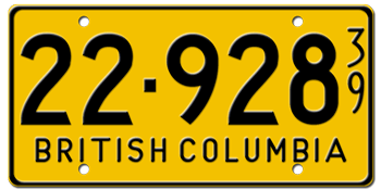 1939 BRITISH COLUMBIA LICENSE PLATE -