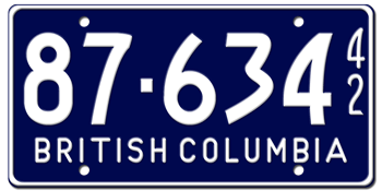 1942 BRITISH COLUMBIA LICENSE PLATE -