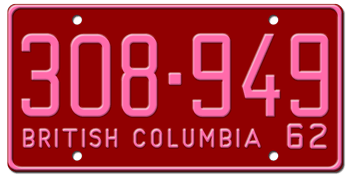 1962 BRITISH COLUMBIA LICENSE PLATE -