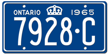 1965 ONTARIO LICENSE PLATE -