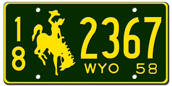 1958 WYOMING STATE LICENSE PLATE -