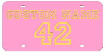 CUSTOM VARSITY PINK LASER LICENSE PLATE - GOLD NAME AND NUMBER